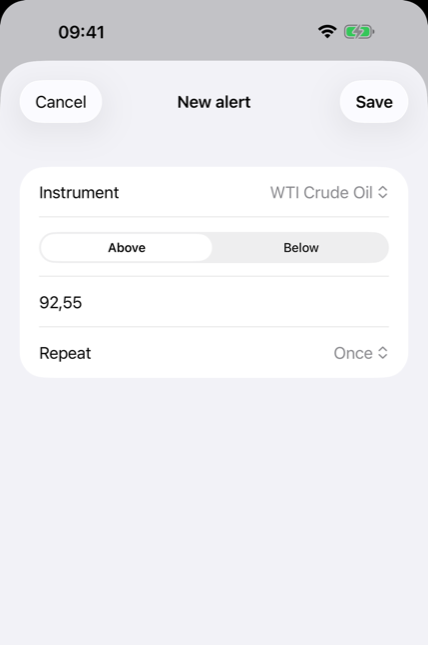 Alert editor: WTI above 92.55, once